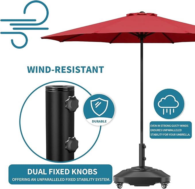 Umbrella Base,Heavy Duty Patio Umbrella Stand with 5 Wheels, Max 180lb Fillable Umbrella Holder Wind-Resistant, Mobile Square Market Stand for Outdoor, Deck, Lawn, Fits Most Sized Umbrellas (21 in)