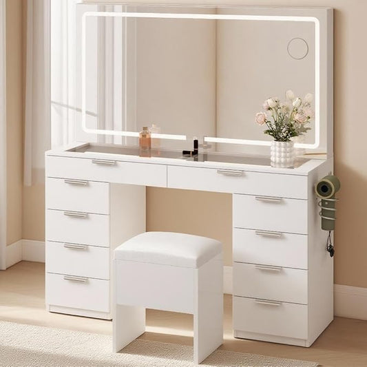 YITAHOME Vanity Desk with LED Mirror & Power Outlets, 10 Drawers Makeup Vanity Table with Storage Stool, Sturdy Wooden Vanity Table with 3 Color Modes