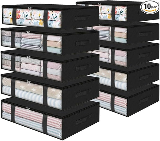 Under Bed Storage Bags 10 Pack, 40L Large Clothes & Comforter Storage Containers with Clear Window, Breathable Fabric Organizer for Blankets, Bedding, Seasonal Clothing, Black