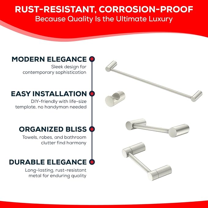 Contemporary Design 4-Piece Bathroom Hardware Accessory Set, Bathset 24 Inch Towel Bar, Hand Towel Bar, Toilet Paper Holder and Robe Hook, Rack Set Wall Mounted (Brushed Nickel, 4 Piece Set)