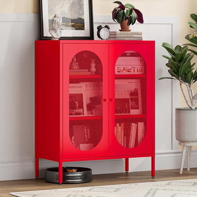 Red Metal Locker Storage Accent Cabinets with 2 Adjustable Shelves, 3 Tier Metal Storage Cabinet with Legs, Steel Cupboard Lockers for Kids Bedroom, Home, Office, Entryway, Kitchen (Mash Door)