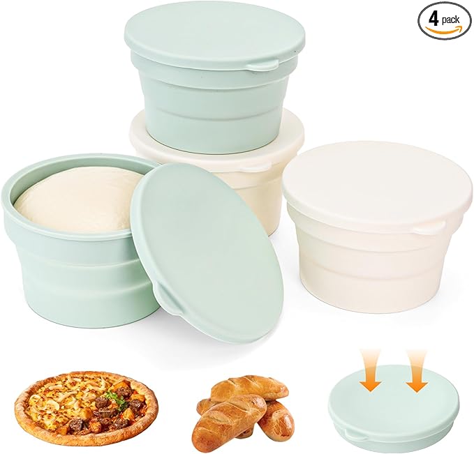 Lawei 4PCS Collapsible Pizza Dough Proofing Box with Lids, Food Grade Silicone Pizza Bread Dough Fermentation Bowls, Individual Stackable Dough Proofing Storage Containers for Baking, Dishwasher Safe