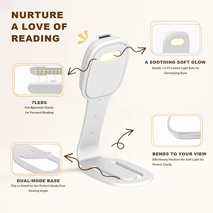 Rechargeable Kids Book Light, Cute Bookmark Reading Light for Kids, Dimmable Portable LED Book Light for Reading in Bed, Eye-Caring Bedtime Reading Lamp for Children & Travel, White