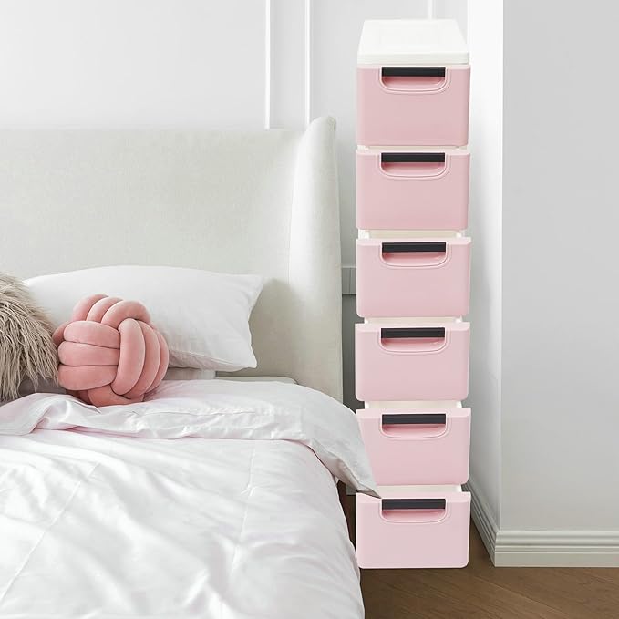 6 Drawers Storage Cabinet, Narrow Plastic Dresser, Rolling Organizer Cart, Mobile Slim Utility Cart on Wheels, Storage Drawer for Small Spaces (Light Pink)