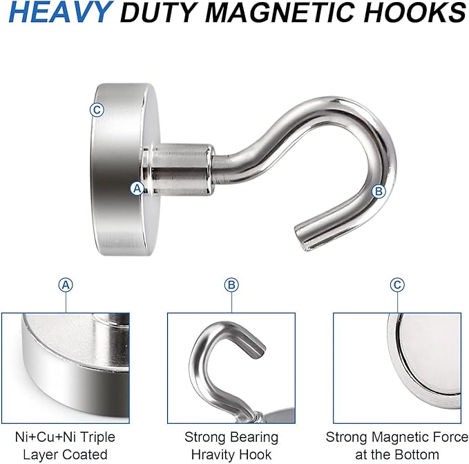 LOVIMAG Magnetic Hooks for Hanging, 30lbs Magnet Hooks for Cruise Ship Essentials, Strong Magnets for Classroom, Rare Earth Magnets with Hooks for Cruise Must Haves, Camper, Locker,Ceiling-15 Pcs