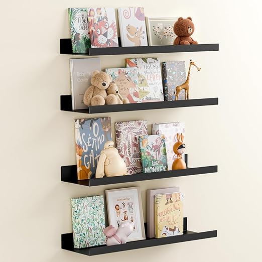 BYCY Metal Floating Shelves Set of 4,15.6 inch Floating Bookshelves for Wall Mounted,Wide Magnetic Book Display Wall Shelves for Classrooms Kitchen Bedroom Room Decor (Black, 15.7inch,4pcs)