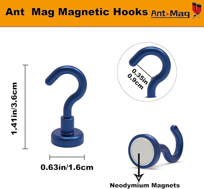 Ant Mag Strong Magnet Hooks 25lbs+ Pulling Force Neodymium Hooks Hangers Heavy Duty Used for Home Kitchen Refrigerator