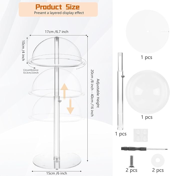 Hat Display Stands, 8" to 16" Adjustable Height Acrylic Cowboy Hat Holder Stand, Clear Durable Domed Baseball Cap Holder Hat Rack with Brim, Wig Holder Display Stands for Vendors Salons Closet
