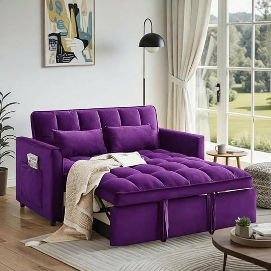 3 in 1 Convertible Sofa Bed, Love Seat Sleeper Bed with Side Pockets, Velvet Fabric Pull Out Couch with Adjustable Backrest for Living Room, Bedroom, Apartment, Purple