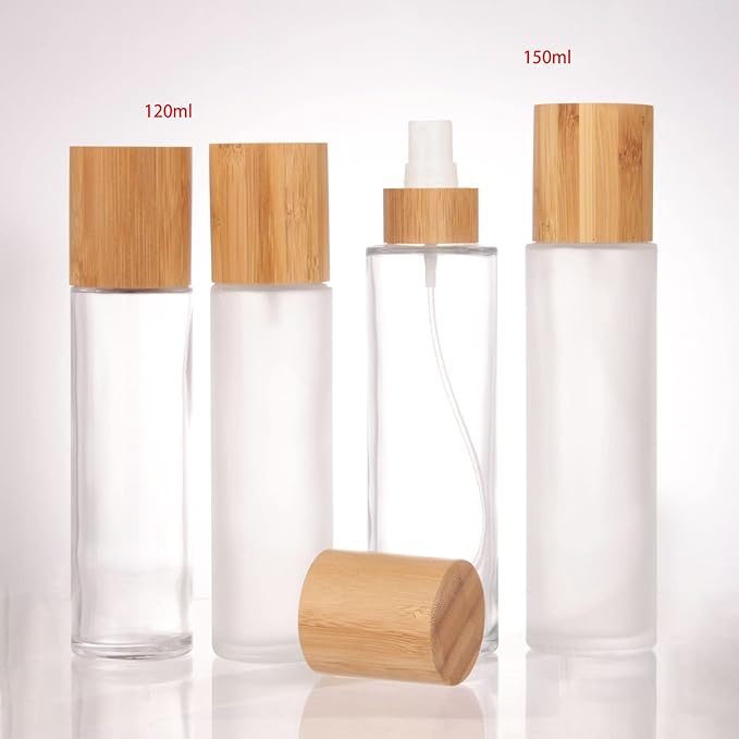 COSIDEA 12 pcs Empty 5oz /150ml bamboo lid Frost glass spray bottle with fine mist despenser head for liquid perfume toiletries containers, toner bottles