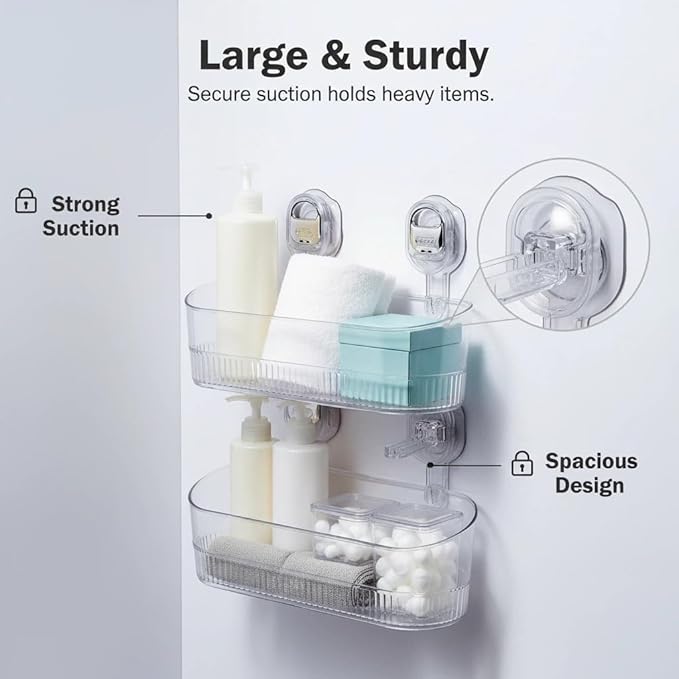 No Drill Bathroom Organizer with Strong Suction Cups, Heavy Duty Shower Organizer Holds 10lbs, Bathroom Shelf for Shampoo, Soap, Razor, Toothbrush (transparent)
