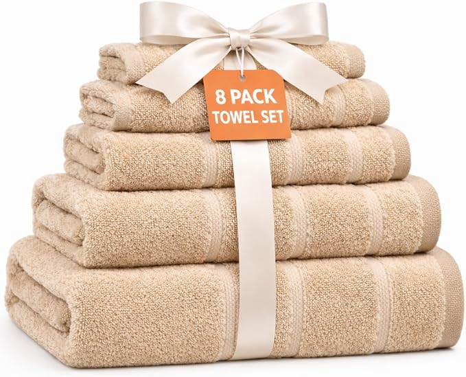 HOME ESSENTIALS Beige 8 Piece Bath Towel Set, 100% Cotton Soft & Super Absorbent Towels for Bathroom – 2 Large Bath Towels, 2 Hand Towels, 4 Washcloths, Quick Dry for Home, Gym & Spa