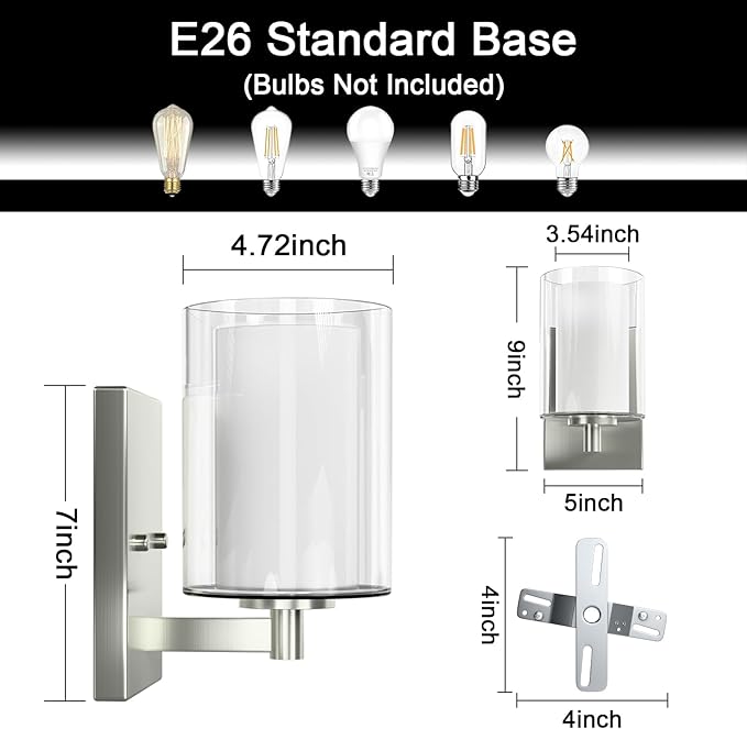 Kalium Wall Sconces Set of Two Modern Vanity Lights with Double Clear Glass Shade Brushed Nickel Indoor Farmhouse Wall Light for Bathroom Living Room Bedroom Hallway Bulb E26 Base (2PCS)