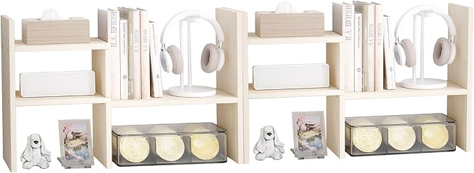 Jerry & Maggie Desktop Organizer Office Storage Rack Adjustable Wood Display Shelf Birthday Gifts Toy Home Decor Free Style Rotation Display True Natural Stand Shelf (White Wood Tone/2 Pack)