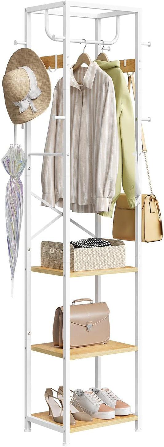 ELYKEN Coat Rack Freestanding, Hall Tree with 3 Storage Shelves and 12 Hooks, Industrial Clothes Rack Stand Organizer for Bedroom, Hallway, Entryway, Office, Living Room