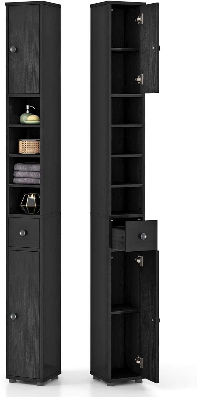 LDAILY 71”Tall Narrow Storage Cabinet, Skinny Bathroom Storage with 1 Drawer, 2 Doors, 5 Adjustable Shelves and Anti-Tipping Device, Wooden Slim Bathroom Cabinet for Office, Kitchen, Small Space