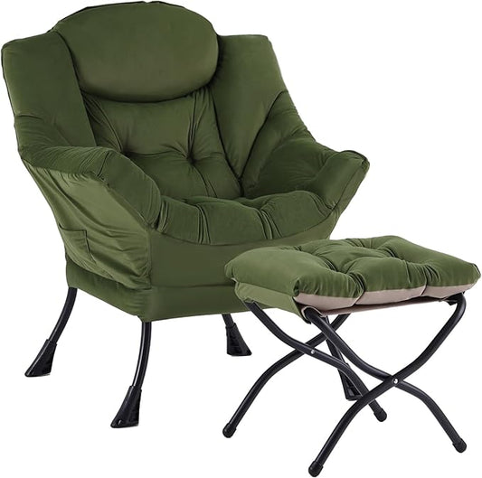 Welnow Lazy Chair with Ottoman, Modern Reading Lounge Accent Chair with Armrests and a Side Pocket, Leisure Upholstered Lazy Sofa Set with Footrest for Small Space, Army Green