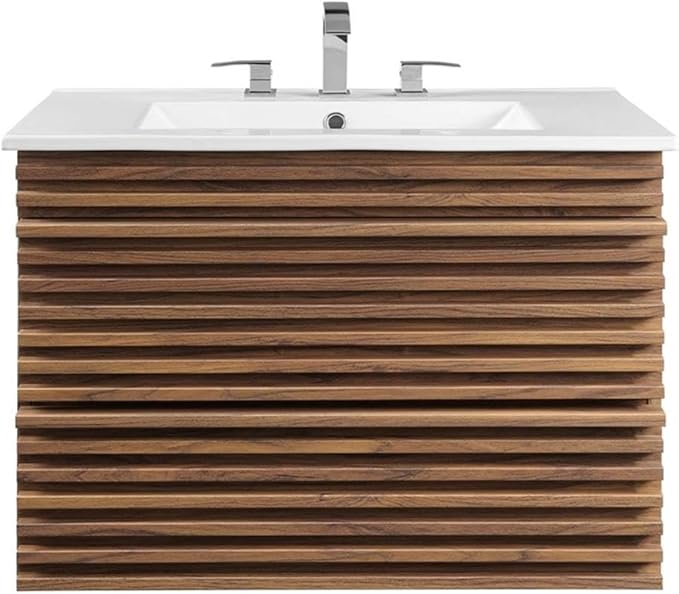 Modway Render 30" Wall-Mount Bathroom Vanity in Walnut White