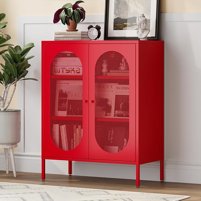 Red Metal Locker Storage Accent Cabinets with 2 Adjustable Shelves, 3 Tier Metal Storage Cabinet with Legs, Steel Cupboard Lockers for Kids Bedroom, Home, Office, Entryway, Kitchen (Mash Door)