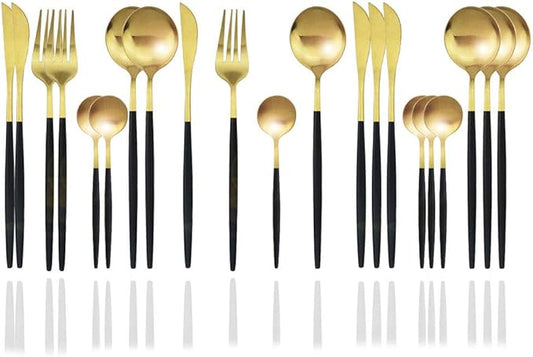 JASHII Matte Silverware Set, 24-Piece Stainless Steel Flatware Cutlery Set for 6, Ideal for Home Wedding Festival Party, Dishwasher Safe (Black Handle Gold)