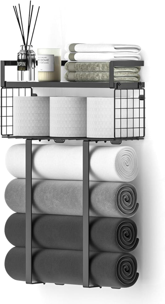 Towel Racks for Bathroom, Metal Towel Holder with Storage Basket,Wall Towel Rack for Rolled Towels, Towel Storage for Small Bathroom,Black