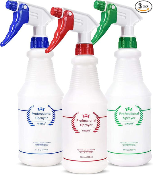 Plastic Spray Bottle (3 Pack, 24 Oz, 3 Colors) Heavy Duty All-Purpose Empty Spraying Leak Proof Mist Water Bottles for Cleaning Solutions Plants Essential Oils Hair Pet with Adjustable Nozzle