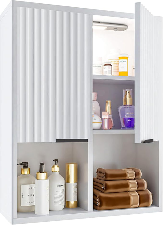 HAIOOU Fluted Bathroom Wall Cabinet with Motion Sensor Light, Curved Profile Wooden Medicine Cabinet Wall Mounted Cupboard, Wave Like Over Toilet Storage Cabinet with Buffering Hinges - Modern White