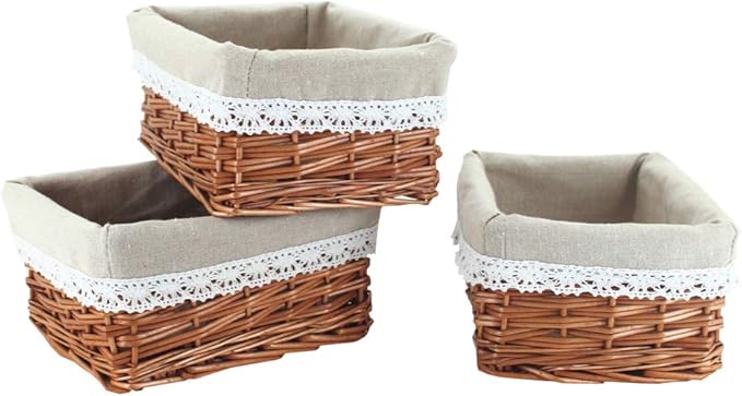 KINGWILLOW Wicker Storage Basket with Liner 3pcs Small Willow Rectangular Handmade Basket for Sundries neatening, (3pcs)