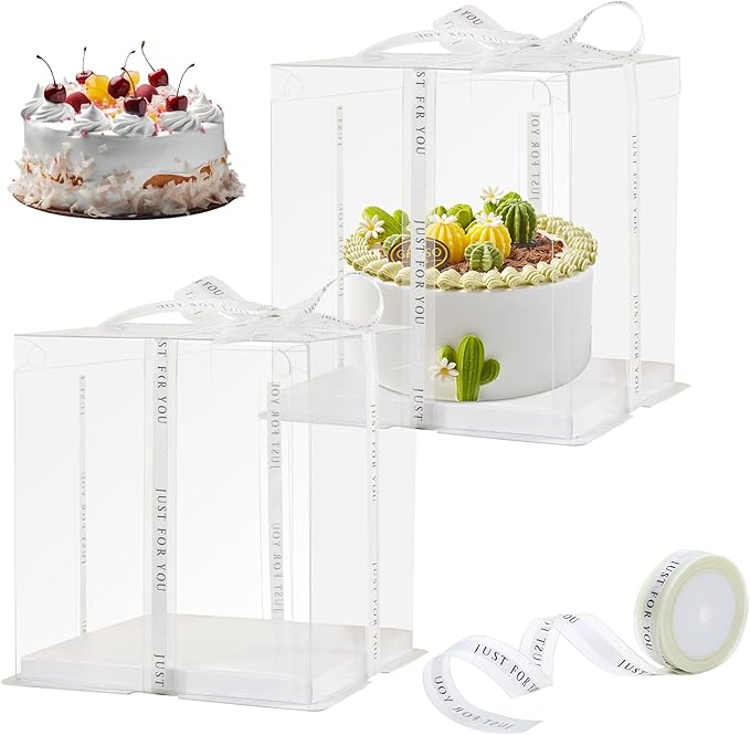 8Pcs Clear Cake Box with Ribbon 2-Layer 10x10x9 Inch, Transparent Cake Box with Lids, Tall Cake Boxes, Transport Gift Boxes for Birthday Wedding Valentine'Day.(Clear, 10 * 10 * 9inch/8pcs)