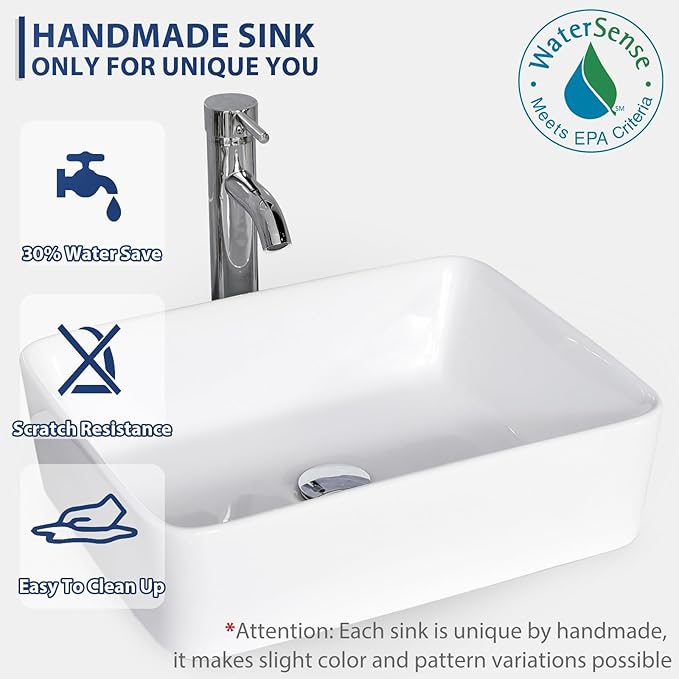 eclife 48" Modern Bathroom Vanity Sink Combo Freestanding Cabinet with Small Side Cabinet, White Rectangle Ceramic Vessel Sink, Water Save Faucet, Drain (White+T03)