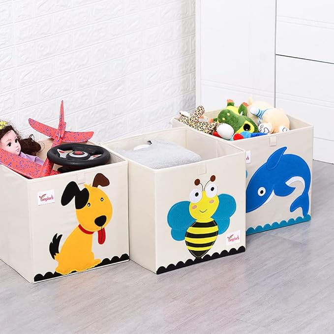 2 Pcs Foldable Animal Toy Storage Box/Bin/Cube, Collapsible Storage Organizer Chest Basket Container for Boys and Girls(13 x 13 x 13 Inch, Dinosaur & Pink Elephant)