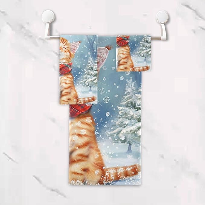 Christmas Winter Towels Set of 3 Cute Cat Wearing Plaid Scarf Bathroom Towel Soft Absorbent Bath Hand Towels Washcloth Guest Towel Sets Xmas Holiday Decor