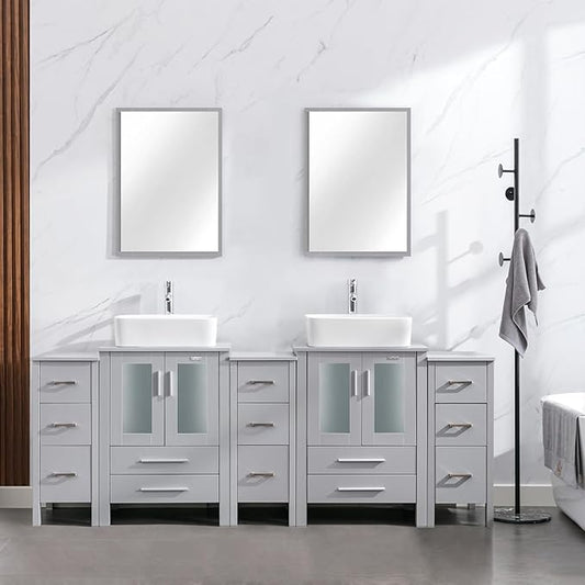 eclife 84" Modern Bathroom Vanity Sink Combo Freestanding Cabinet with Small Side Cabinet, White Rectangle Ceramic Vessel Sink, Water Save Faucet, Drain (Gray+T03)