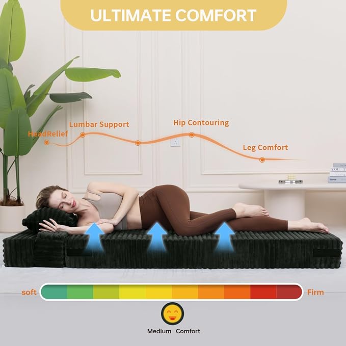 Folding Sofa Bed Single, Convertible Futon Chair Bed with Pillow, Folding Sofa Sleeper Chair, Comfortable Foam Floor Couch for Living Room, Bedroom, Dorm, Guest Room, Charcoal Moss Grey