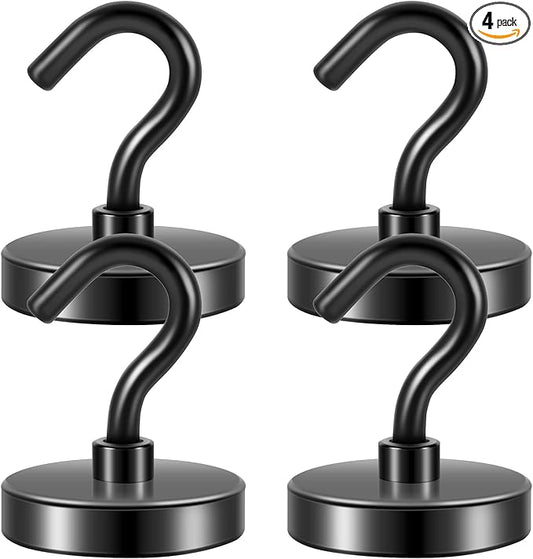 Neosmuk Black Magnetic Hooks, Strong Magnet with Hook for Fridge, Super Neodymium Extra Strength Industrial Hooks for Hanging (Matte Black,4 Pack)