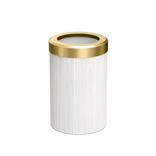 Gatco Small Bathroom Trash Can with Lid, Round 3 Gallon Wastebasket, Under Sink, White Oak with Brushed Brass, for Bathroom, Bedroom, Office (1932B)
