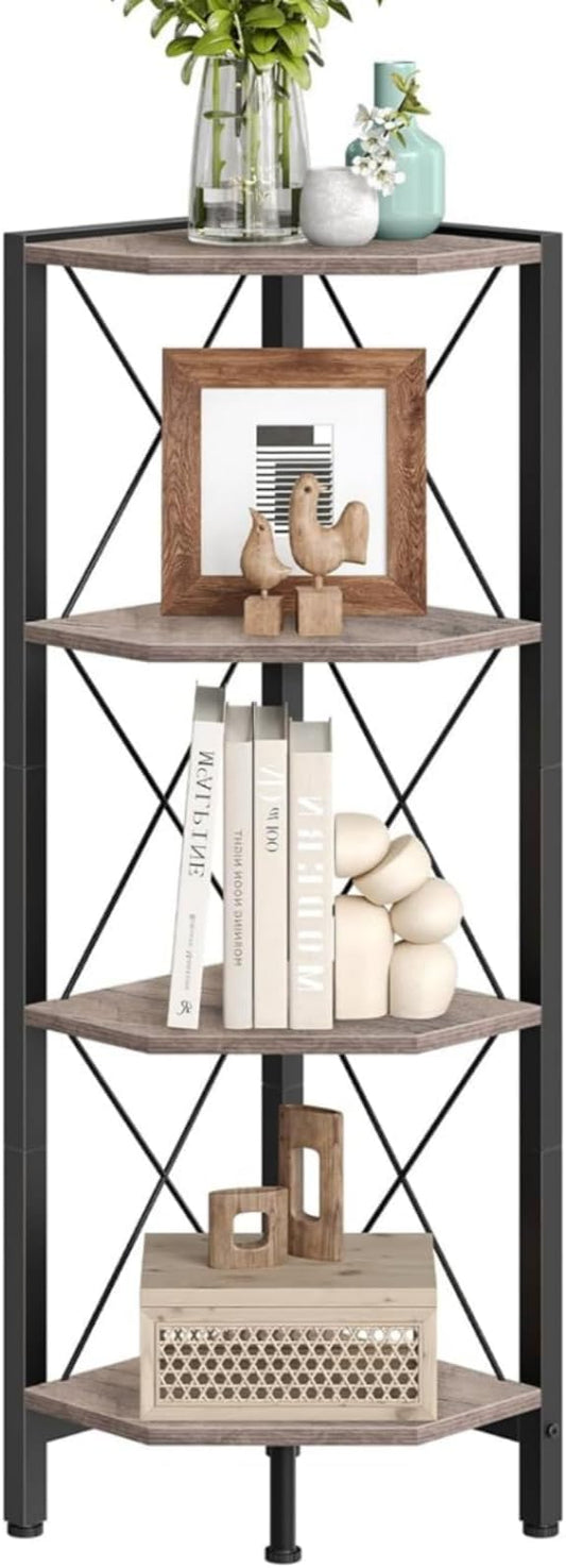 4-Tier Corner Shelf, Corner Bookcase, 43.3" Tall Vertical Display Rack, Plant Stand, Open Storage Shelf, for Living Room, Bedroom, Study, Kitchen, Greige and Black TCJ14BG