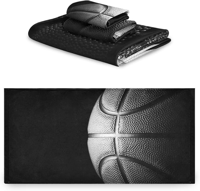 3 Piece Black Grey Basketball Bath Towels Set,Microfiber Absorbent Vintage Sport Themed Ball Print Towels for Bathroom,1 Bath Towel,1 Hand Towel,1 Washcloth,Decorative Guest Bathroom Towels