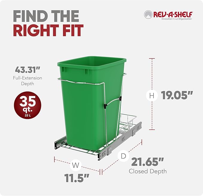 Rev-A-Shelf Pullout Trash Can for Kitchen Cabinets 35 Qt Garbage Waste Recycling Bin with Full Extension Slides, Green, RV-12KD-19C-S