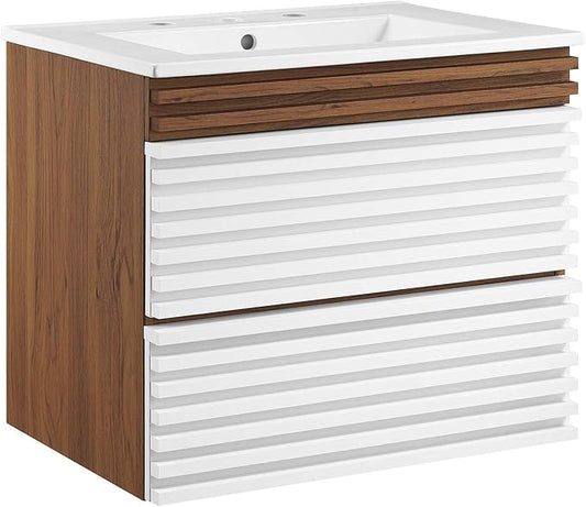 Modway Render 24" Wall-Mount Bathroom Vanity in White Walnut White