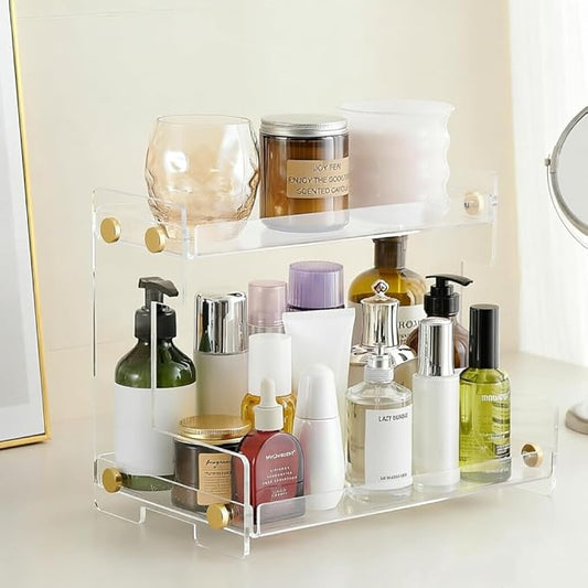 FFK Bathroom Organizer Countertop 2-Tier Storage：Bathroom Counter Organizer Acrylic Standing Holder Cosmetic Storage Perfume Shelf for Bathroom Bedroom Dressing Table1