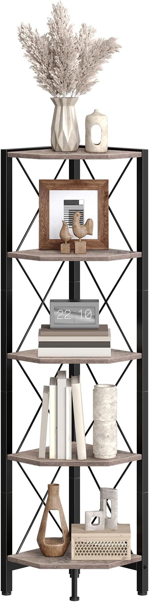 5-Tier Corner Shelf, Corner Bookcase, 55.2" Tall Vertical Display Rack, Plant Stand, Open Storage Shelf, for Living Room, Bedroom, Study, Kitchen, Greige and Black TCJ12BG