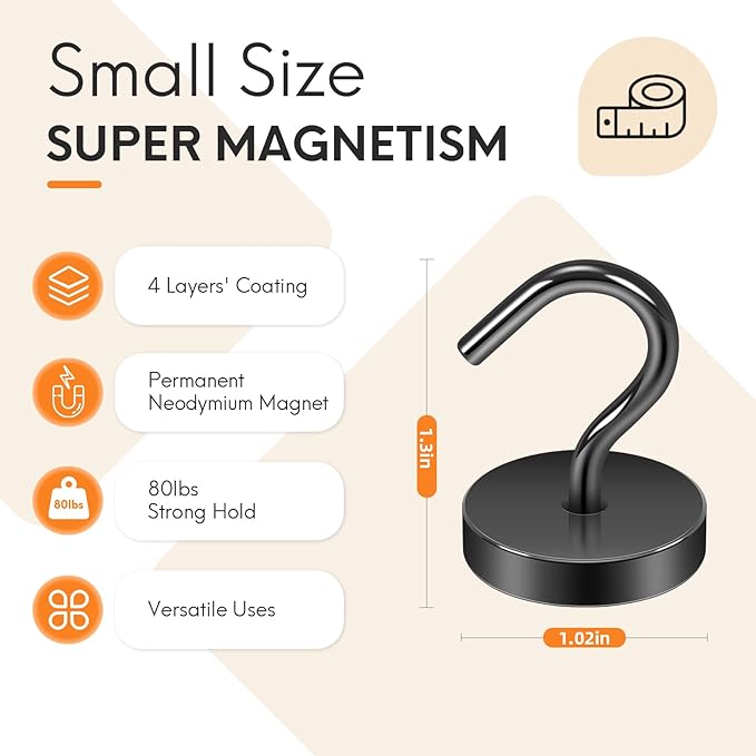 Neosmuk Magnetic Hooks Large Opening, Cruise Ship Essentials, 80lb+ Heavy Duty Magnetic Hooks for Cruise Cabins, Refrigerator, Grill, Hanging, and Travel | Extra Strong Must-Haves Magnet Hook,Black
