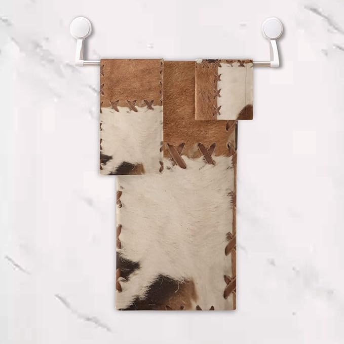 3 Piece Brown Cow Print Bath Towels Set,Microfiber Absorbent Farmhouse Cowhide Western Animal Skin Print Towels for Bathroom,1 Bath Towel,1 Hand Towel,1 Washcloth,Decorative Bathroom Towels