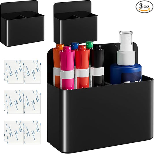 3 Pack Magnetic Dry Erase Marker Holder, Wall Pen Holder for Whiteboard, Magnet School Locker Organizer Accessories, Self Adhesive Pencil Cup, Pen Caddy, Classroom Organization (Black)