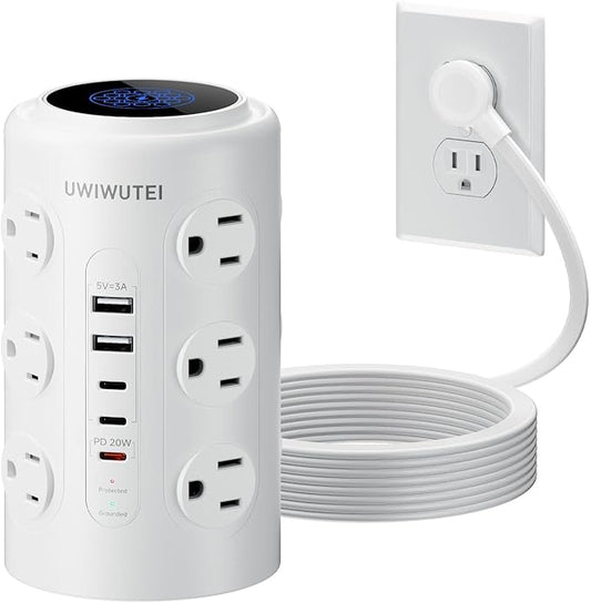 Tower Power Strip with 1 Dedicated PD 20W Fast-Charging Port, 12 Outlets, 5 USB Ports (3 USB-C), 1800J Protector, Desk Charging Station for Multiple Devices, 6FT Extension Cord, Home Office Essentials