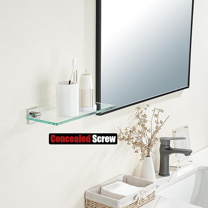 JQK Bathroom Glass Shelf Chrome, Tempered Glass Shower Storage 12 by 5 inches, 304 Stainless Steel Polished Chrome Wall Mount, TGS201L12-CH
