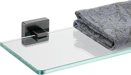 JQK Bathroom Glass Shelf Black, Tempered Glass Shower Storage 16 by 5 inches, 304 Stainless Steel Matte Black Wall Mount, TGS201L16-PB