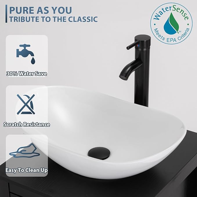 eclife 36" Modern Bathroom Vanity Sink Combo Freestanding Cabinet with Small Side Cabinet, White Boat Ceramic Vessel Sink, Water Save Faucet, Drain (Black+T44)