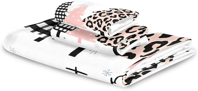 Plaid Pink Christmas Tree Towels Set of 3 Winter Forest Leopard Tree Grey Snowflakes Bathroom Towel Soft Absorbent Bath Hand Towels Washcloth Guest Towel Sets Xmas Holiday Decor